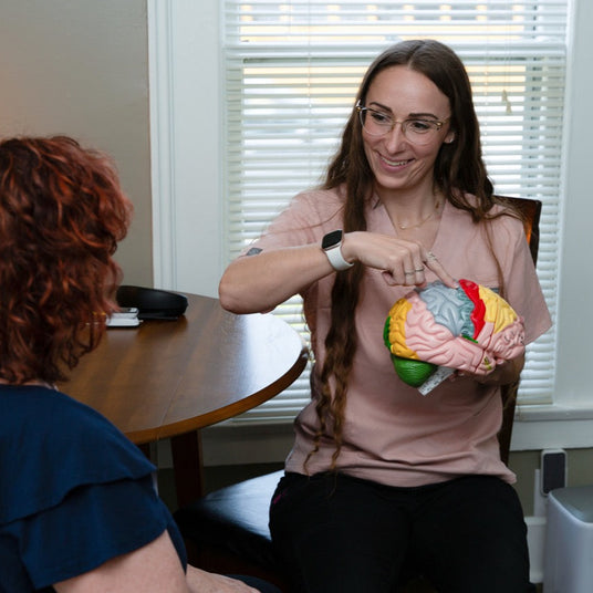 Woman holding a colorful brain model interacting with another person in a room.