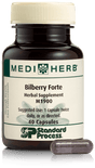 An image of herbal supplement Bilberry Forte next to a capsule.